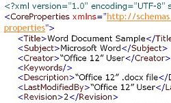  Zapis svojstava dokumenta u DOCX datoteci,
 komponenta docProps\Core.xml 
